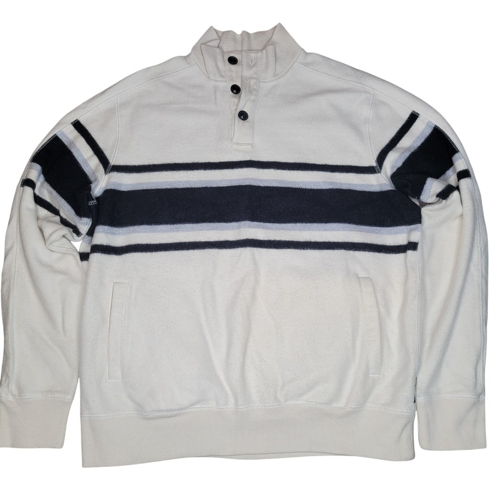 Chaps Pullover Sweatshirt Mens‎ L Cream Striped Essex Henley Fleece Pocket